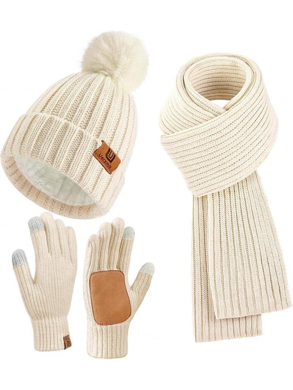 Cozy Winter Beanie Hat, Scarf & Touchscreen Gloves Set - Knit Pom Pom 3-in-1
